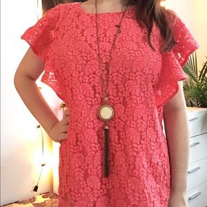 Coral Lace Blouse with Flounce Sleeves